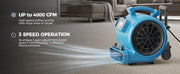 Blue AlorAir GE4000HCW blowing across a living room floor, with Up to 4000 CFM and 3 Speed Operation labels