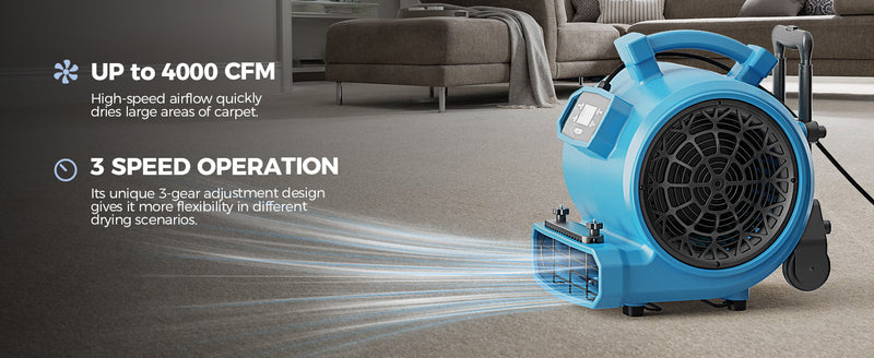 Blue AlorAir GE4000HCW blowing across a living room floor, with Up to 4000 CFM and 3 Speed Operation labels