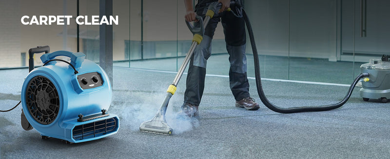 AlorAir GE4000HTC drying carpet beside a steam carpet cleaning wand, with a Carpet Clean label