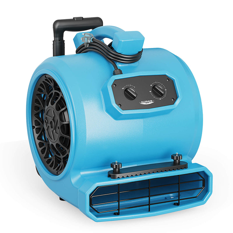 AlorAir GE4000HTC air mover in blue with pull-out handle, wheels and carpet clamp, front three-quarter view