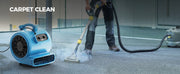 AlorAir GE4000T drying carpet beside a steam carpet cleaning wand, with a Carpet Clean label