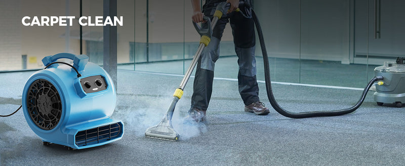 AlorAir GE4000T drying carpet beside a steam carpet cleaning wand, with a Carpet Clean label