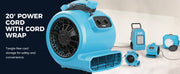 AlorAir GE4000T beside other AlorAir drying equipment, with a 20' Power Cord label