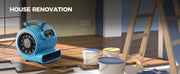 AlorAir GE4000T on a hardwood floor beside a ladder and paint pots, with a House Renovation label