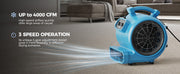 Blue AlorAir GE4000T blowing across a living room floor, with Up to 4000 CFM and 3 Speed Operation labels