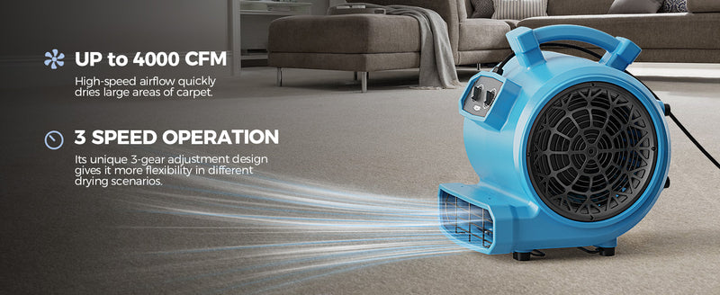 Blue AlorAir GE4000T blowing across a living room floor, with Up to 4000 CFM and 3 Speed Operation labels
