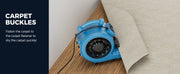AlorAir GE4000TC with a carpet edge tucked into its clamp, with a Carpet Buckles label