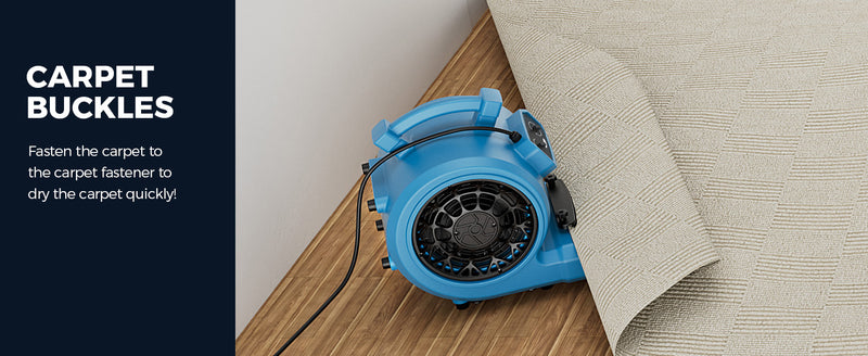 AlorAir GE4000TC with a carpet edge tucked into its clamp, with a Carpet Buckles label