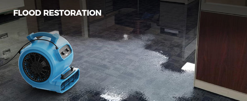 AlorAir GE4000TC drying a flooded office carpet, with a Flood Restoration label
