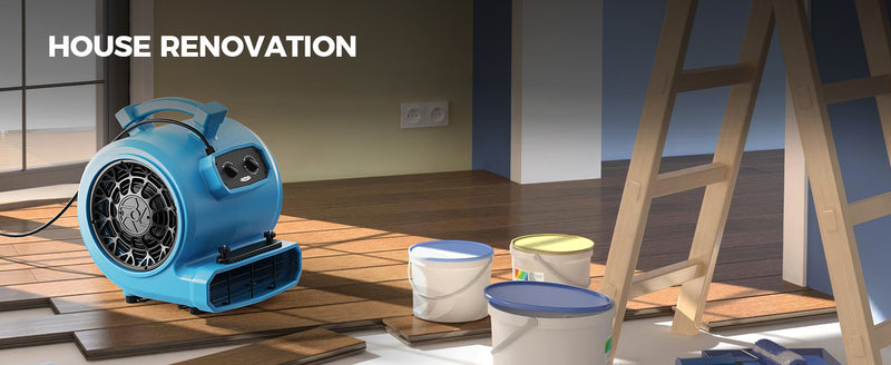 AlorAir GE4000TC on a hardwood floor beside a ladder and paint pots, with a House Renovation label