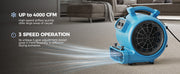 Blue AlorAir GE4000TC blowing across a living room floor, with Up to 4000 CFM and 3 Speed Operation labels