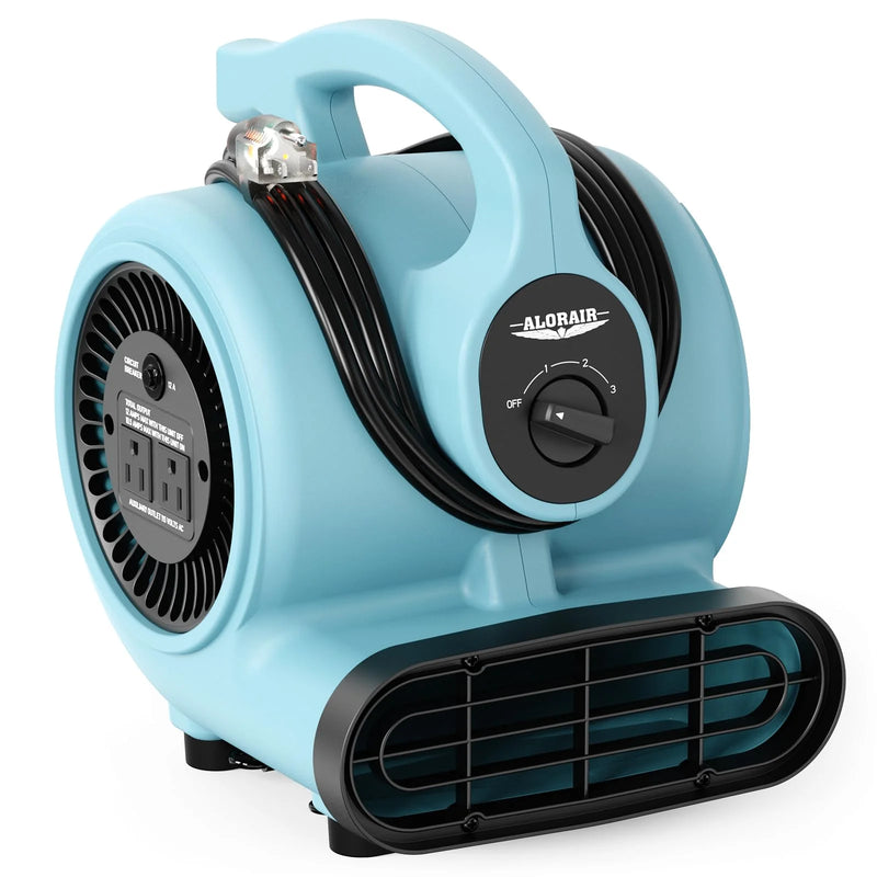 Light blue AlorAir GF600A with its power cord wrapped around the switch plate