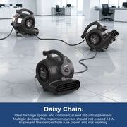 Three black GF600A air movers daisy-chained on an office floor, with a note to keep the total current under 12 A