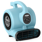 AlorAir GF600A air mover in light blue, front three-quarter view showing the speed switch and outlets