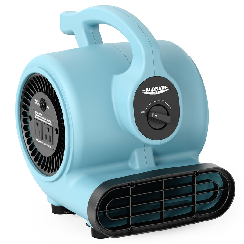 AlorAir GF600A air mover in light blue, front three-quarter view showing the speed switch and outlets