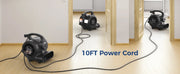 Three black GF600A air movers in a hallway connected by their cords, with a 10FT Power Cord label