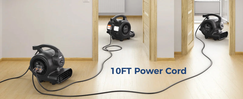 Three black GF600A air movers in a hallway connected by their cords, with a 10FT Power Cord label