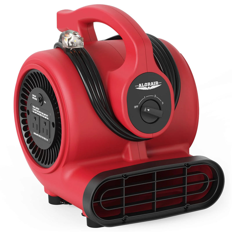 Red AlorAir GF600A with its power cord wrapped around the switch plate