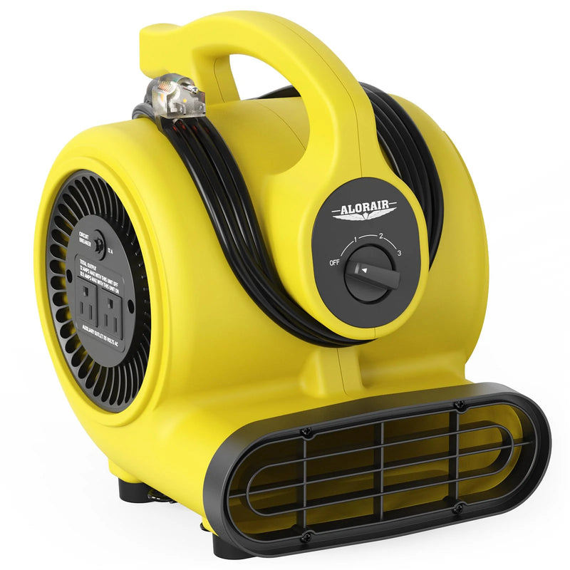 Yellow AlorAir GF600A with its power cord wrapped around the switch plate