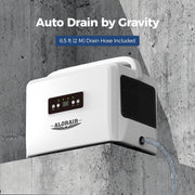 AlorAir Helios D35 with its drain hose, captioned Auto Drain by Gravity, 6.5' Drain Hose Included