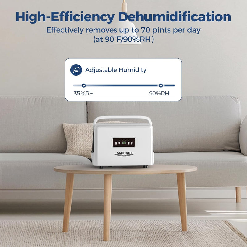 AlorAir Helios D35 on a coffee table in a living room with an adjustable humidity scale from 35% to 90% RH