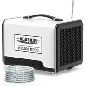 White and black AlorAir Helios MP35 dehumidifier, front three-quarter view with a coiled drain hose tagged 19.6'