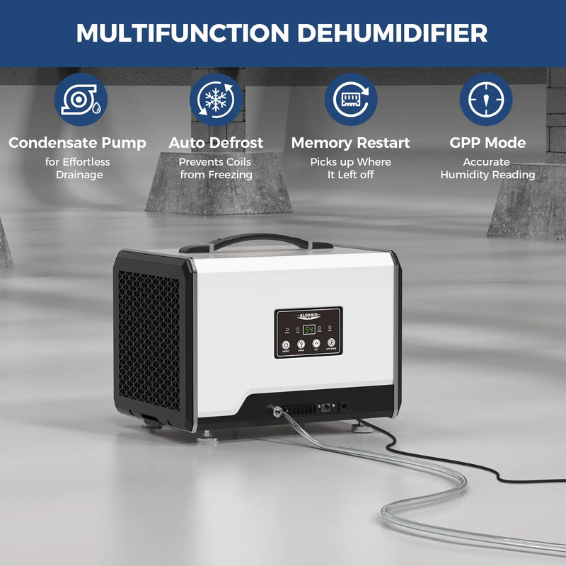 AlorAir Helios MP35 with icons for condensate pump, auto defrost, memory restart and GPP mode