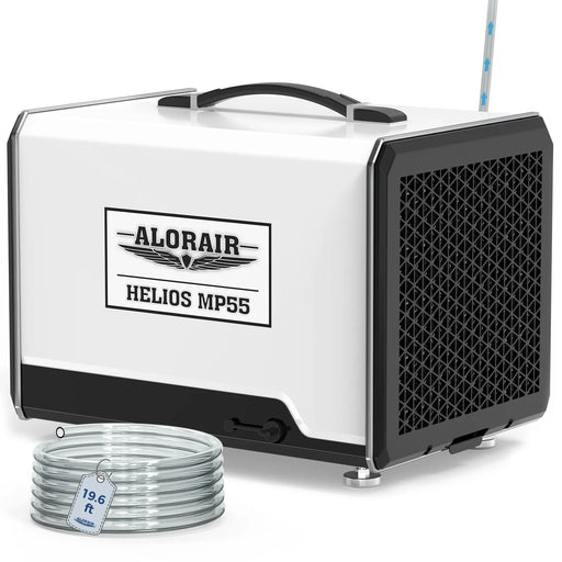 White and black AlorAir Helios MP55 dehumidifier, front three-quarter view with a coiled drain hose tagged 19.6'