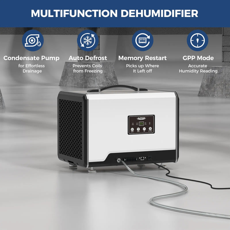 AlorAir Helios MP55 with icons for condensate pump, auto defrost, memory restart and GPP mode