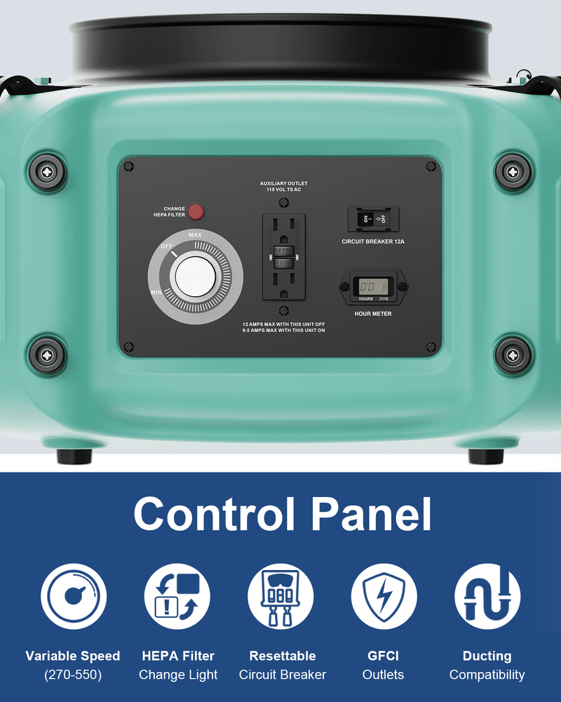 Control panel of the AlorAir PureAiro HEPA Max 770 with speed knob, GFCI outlet, hour meter and breaker, with icon captions