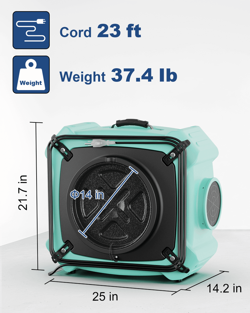 AlorAir PureAiro HEPA Max 770 with dimensions marked: 25" long, 21.7" high, 14.2" wide, 14" inlet, 23' cord, 37.4 lb