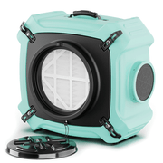 Teal AlorAir PureAiro HEPA Max 770 air scrubber, front three-quarter view with the pre-filter visible and the inlet cap beside it