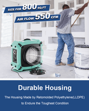 Teal AlorAir PureAiro HEPA Max 770 running beside a worker painting a wall, with 800ft² and 550 CFM captions and a Durable Housing banner