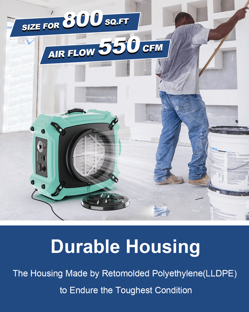 Teal AlorAir PureAiro HEPA Max 770 running beside a worker painting a wall, with 800ft² and 550 CFM captions and a Durable Housing banner
