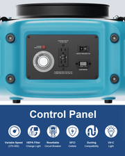 Control panel of the AlorAir PureAiro HEPA Max 870 with speed knob, GFCI outlet, hour meter and breaker, with icon captions including UV-C light