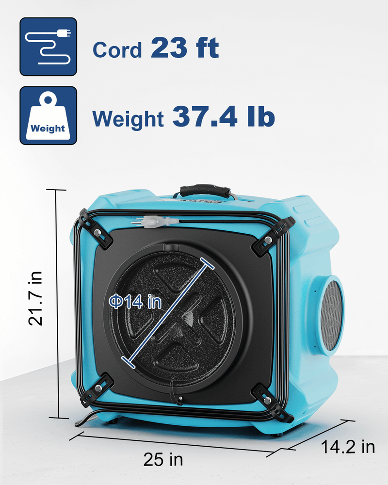 AlorAir PureAiro HEPA Max 870 with dimensions marked: 25" long, 21.7" high, 14.2" wide, 14" inlet, 23' cord, 37.4 lb