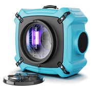 Blue AlorAir PureAiro HEPA Max 870 air scrubber, front three-quarter view with the UV-C lamp glowing purple inside the inlet