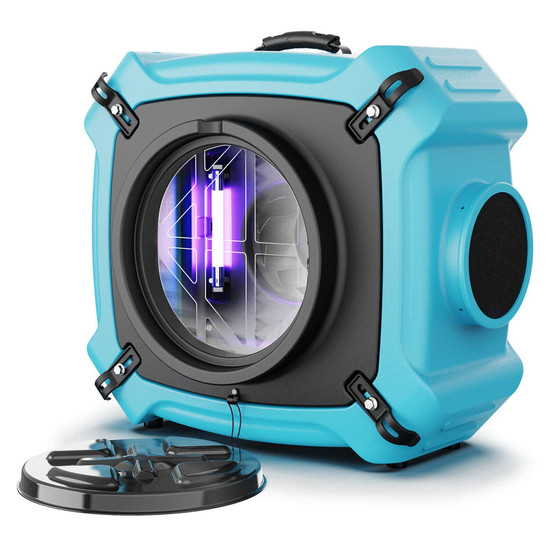 Blue AlorAir PureAiro HEPA Max 870 air scrubber, front three-quarter view with the UV-C lamp glowing purple inside the inlet