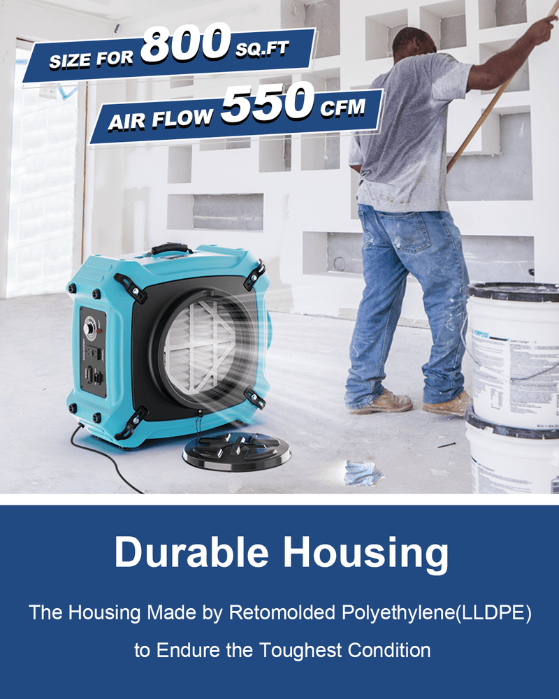 Blue AlorAir PureAiro HEPA Max 870 running beside a worker painting a wall, with 800ft² and 550 CFM captions