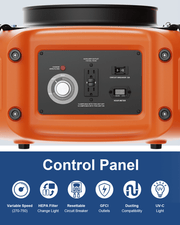 Control panel of the AlorAir PureAiro HEPA Max 970 with speed knob, GFCI outlet, hour meter and breaker, with icon captions including UV-C light