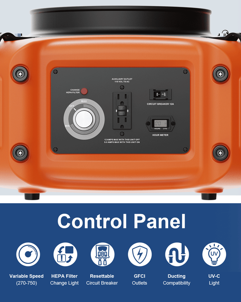 Control panel of the AlorAir PureAiro HEPA Max 970 with speed knob, GFCI outlet, hour meter and breaker, with icon captions including UV-C light