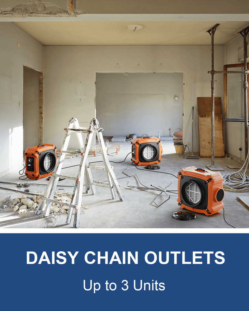 Three orange AlorAir PureAiro HEPA Max 970 scrubbers and a ladder in a gutted room, with a Daisy Chain Outlets Up to 3 Units banner