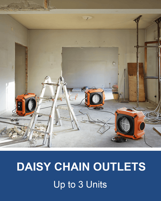 Three orange AlorAir PureAiro HEPA Max 970 scrubbers and a ladder in a gutted room, with a Daisy Chain Outlets Up to 3 Units banner
