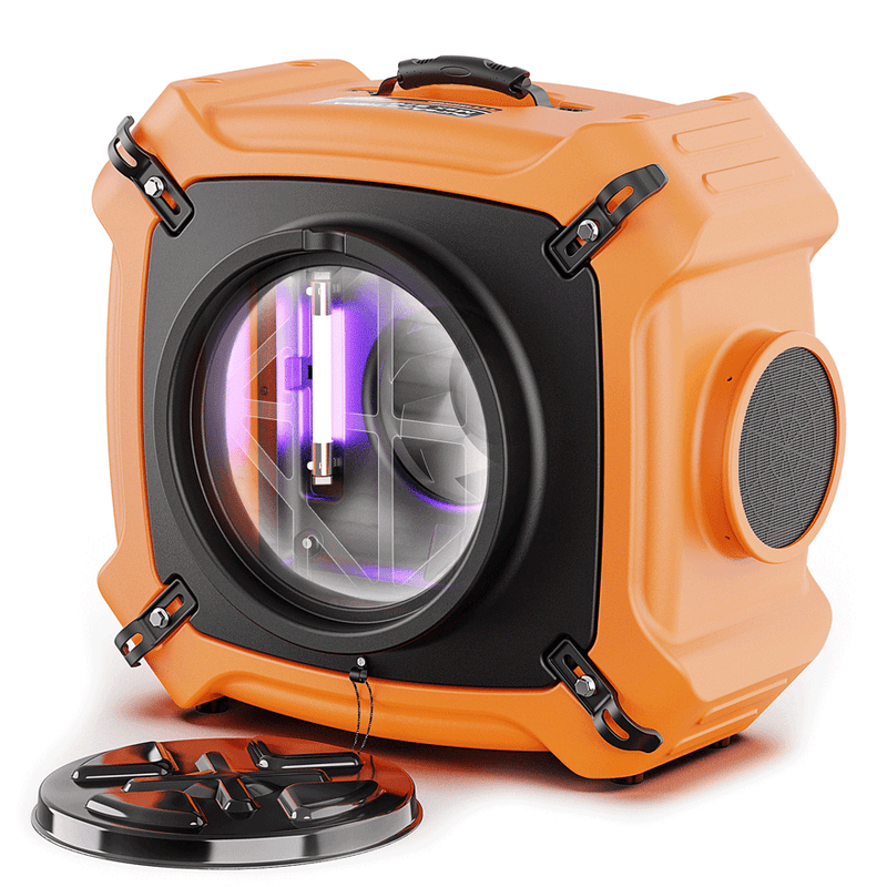 Orange AlorAir PureAiro HEPA Max 970 air scrubber, front three-quarter view with the UV-C lamp glowing inside the inlet