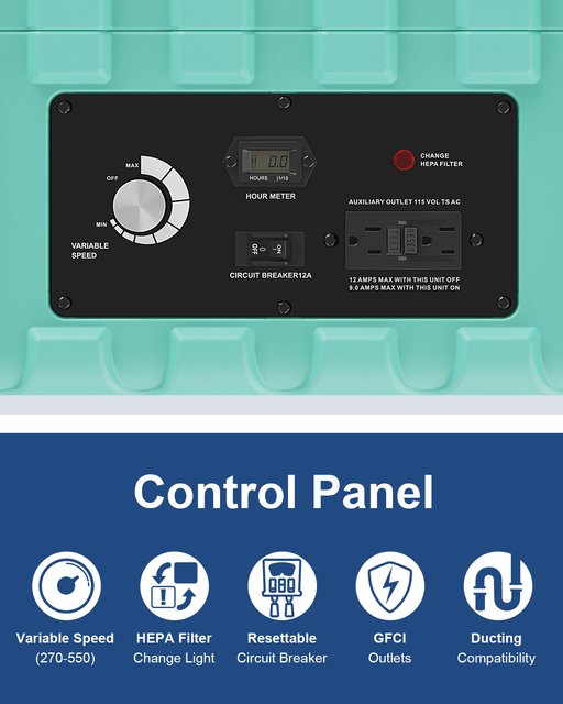 Control panel of the AlorAir PureAiro HEPA Pro 770 with speed knob, hour meter, GFCI outlet and breaker, with icon captions