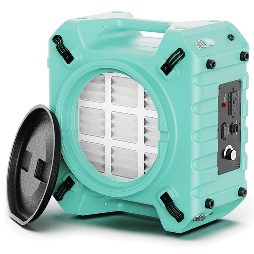 Teal AlorAir PureAiro HEPA Pro 770 air scrubber, front three-quarter view with the pre-filter visible and the inlet cap beside it