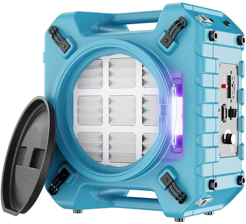 Blue AlorAir PureAiro HEPA Pro 870 air scrubber, front three-quarter view with the UV-C lamp glowing beside the pre-filter