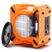 Orange AlorAir PureAiro HEPA Pro 970 air scrubber, front three-quarter view with the UV-C lamp glowing beside the pre-filter