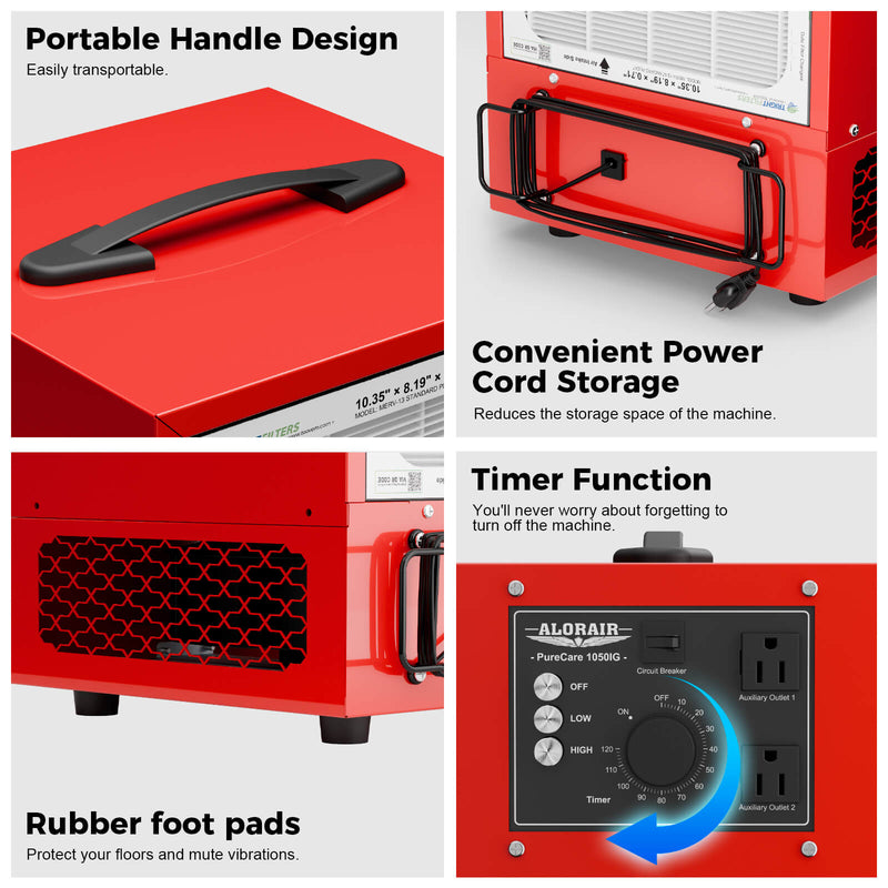 Close-ups of the AlorAir PureCare 1050 top handle, rear cord storage, rubber feet and timer knob control panel