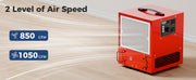 Red AlorAir PureCare 1050 on a wood floor beside 850 CFM and 1050 CFM speed captions